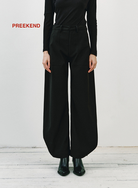 Preekend 黑色休闲版型弯刀阔腿通勤长裤