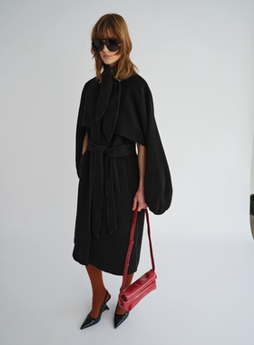 PREEKEND 100%羊毛兔耳朵灯笼袖系腰两穿中长款斗篷双面尼大衣