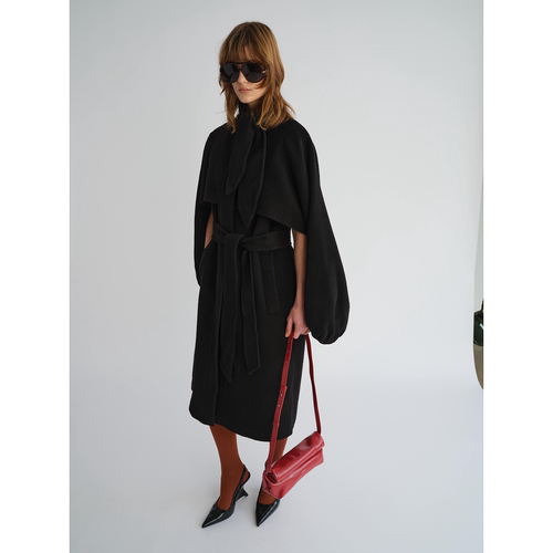 PREEKEND 100%羊毛兔耳朵灯笼袖系腰两穿中长款斗篷双面尼大衣