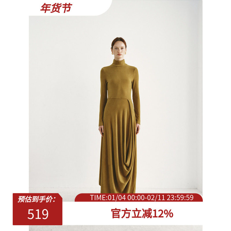 PREEKEND 姜黄德绒抓毛垂褶下摆弹力小高领针织长袖连衣裙,女装/女士精品,连衣裙,淘宝优惠券,粉丝福利购,淘宝优惠卷