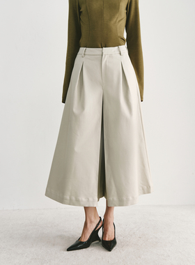PREEKEND 米灰色天丝棉混纺廓型A字打褶中腰通勤阔腿八分裙裤