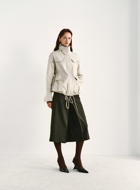 PREEKEND 米灰多口袋立领抽绳短款羊毛填充夹克外套