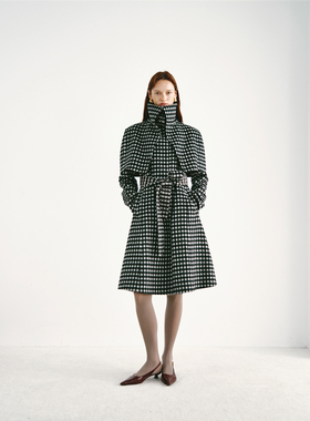 PREEKEND 黑白格假两件立领斗篷双面呢羊毛羊驼大衣