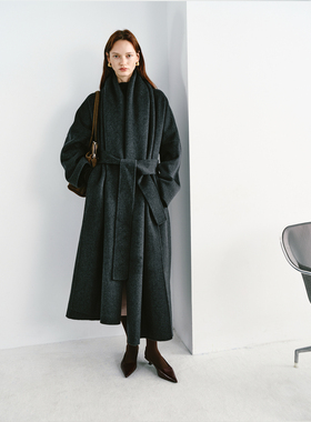 PREEKEND 深灰羊毛混纺系带围巾领宽松双面呢长大衣