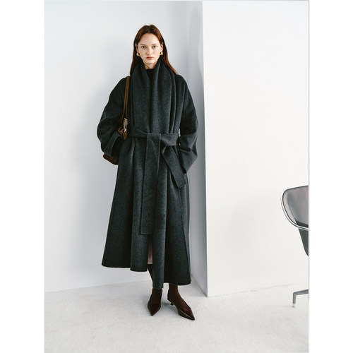 PREEKEND 深灰羊毛混纺系带围巾领宽松双面呢长大衣