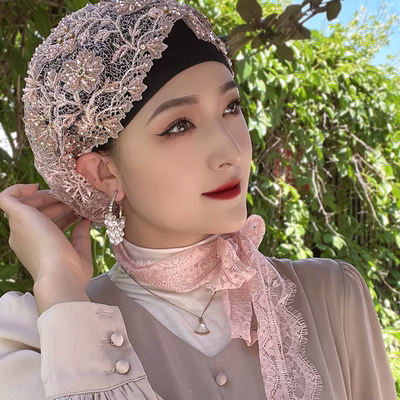 头巾女包头帽时尚新款盖头女回族帽子纱巾套头遮发披肩蕾丝飘带帽