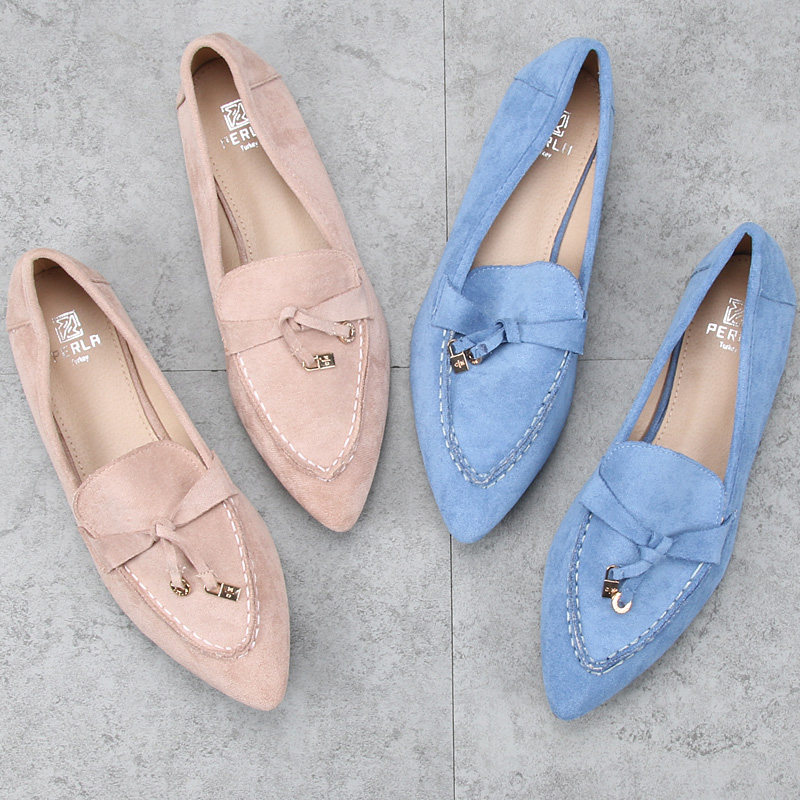 外贸欧美新款舒适单鞋女中口绒面套脚尖头英伦款蝴蝶结平底女鞋子