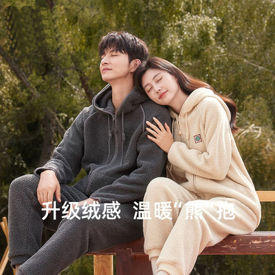 泰迪绒加厚可外穿连帽睡衣套装