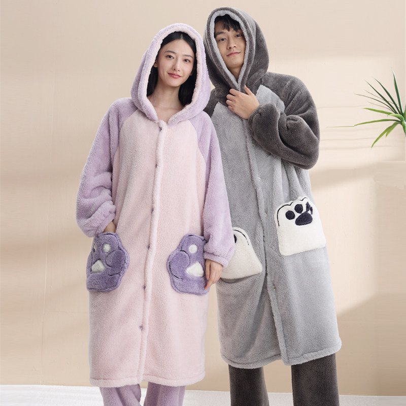 红豆居家情侣睡袍加长裤套装女秋冬季珊瑚绒可外穿加厚连帽睡衣