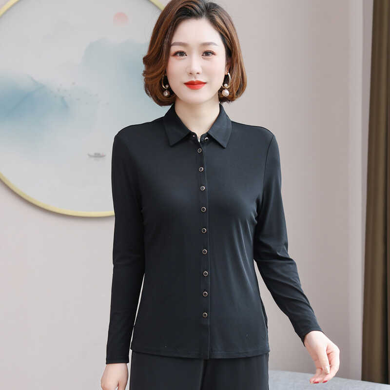 杭州丝绸女士衬衣显瘦开衫纯色长袖翻领百搭真丝桑蚕丝衬衫3093