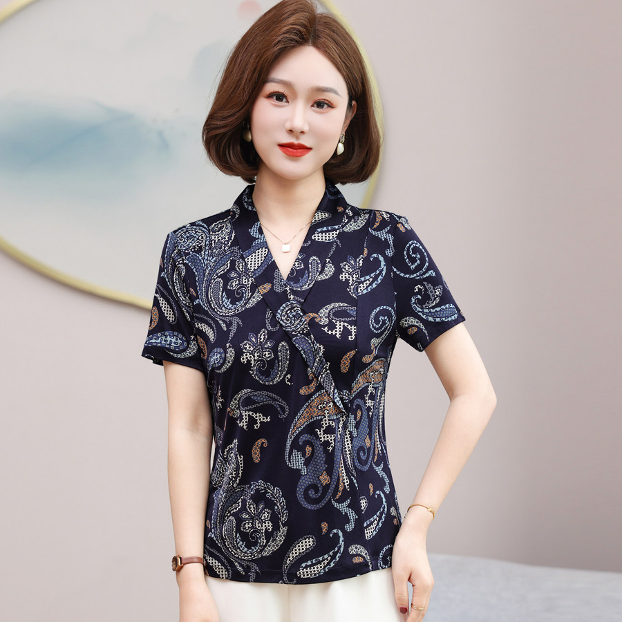 100%桑蚕丝V领大码短袖T恤女