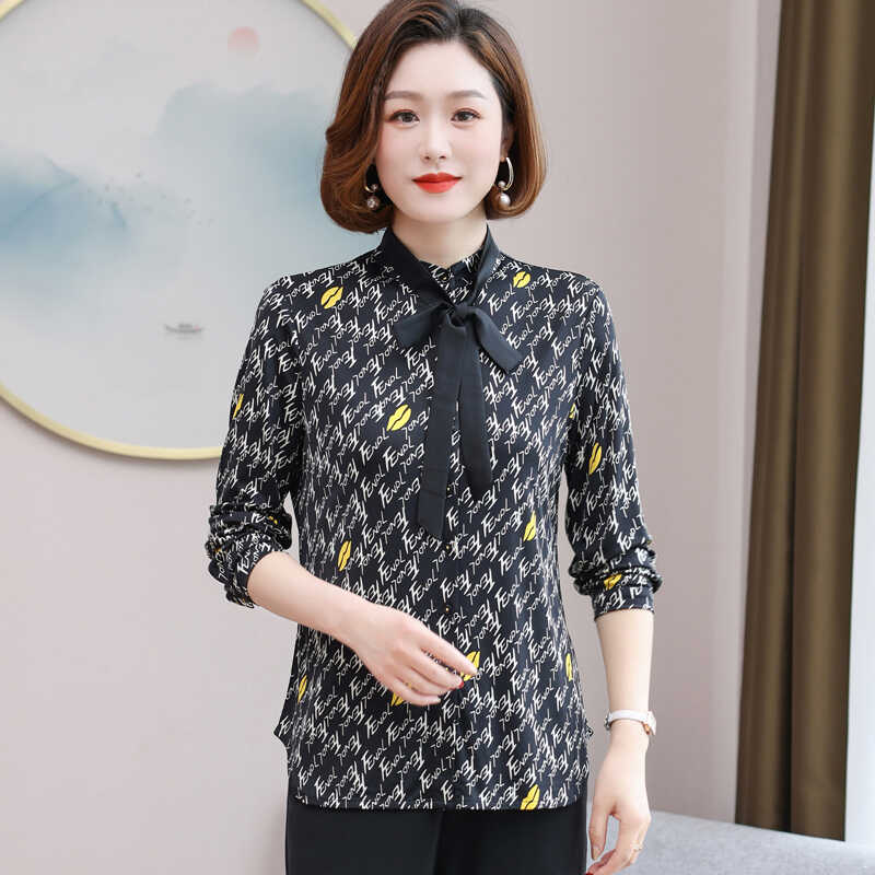 2025春秋真丝针织衬衫女长袖飘带妈妈装100%桑蚕丝衬衣打底衫3132