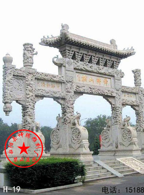 石雕古建牌楼 彩绘牌坊 水泥构件门楼 青石彩绘单门三门五门牌坊