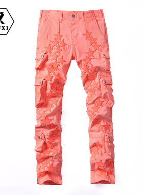 宇犀新款橙色多口袋时尚贴布刀割男装满天星修身裤休闲长裤子1017