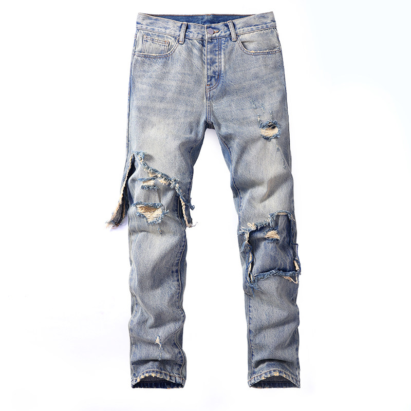 新款欧美怀旧蓝色棉弹牛仔长裤男