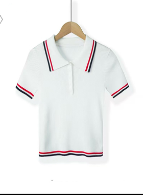 宇犀学院风撞色条纹POLO领短袖针织衫女修身百搭翻领上衣18875A
