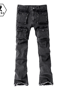 宇犀原创设计高品男装弹力黑灰色破洞牛仔裤潮流休闲修身直筒034