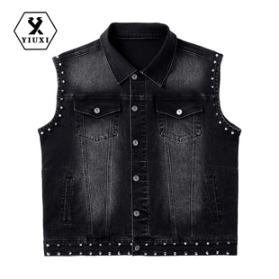 宇犀原创设计街头男装 百搭休闲夹克上衣外套111 打钉牛仔马甲时尚