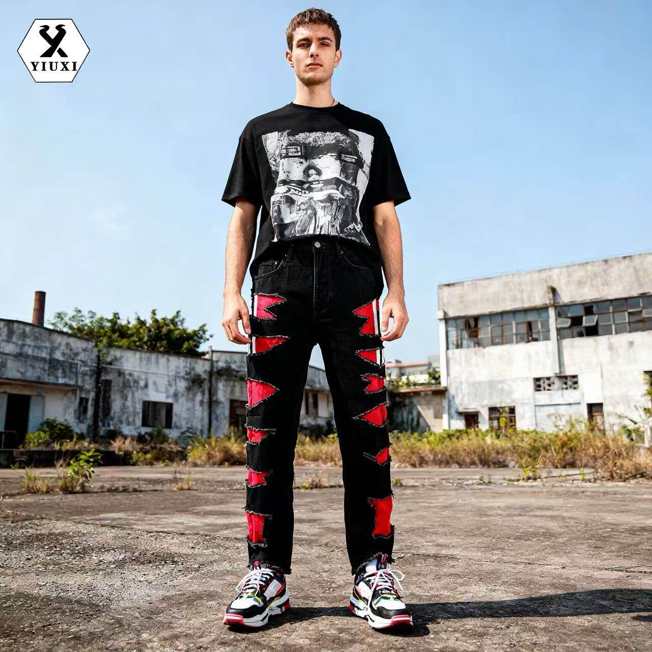 新款欧美风红黑色拼接牛仔长裤男