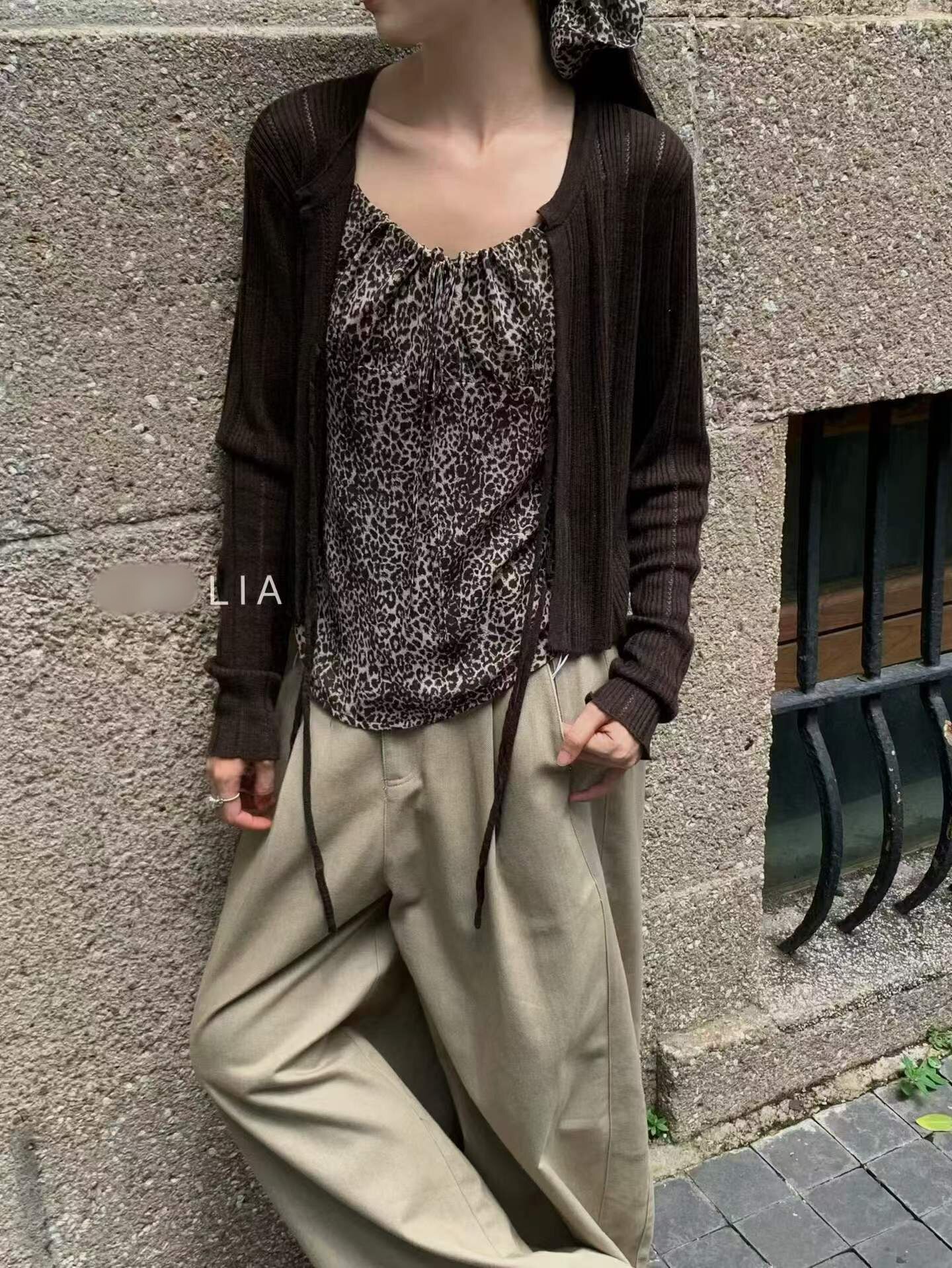 honey studio简约防晒针织罩衫早秋气质豹纹吊带背心短款两件套