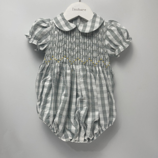 2022夏高端女宝宝手工打揽连体衣纯棉格纹女童泡泡袖 包屁衣6m