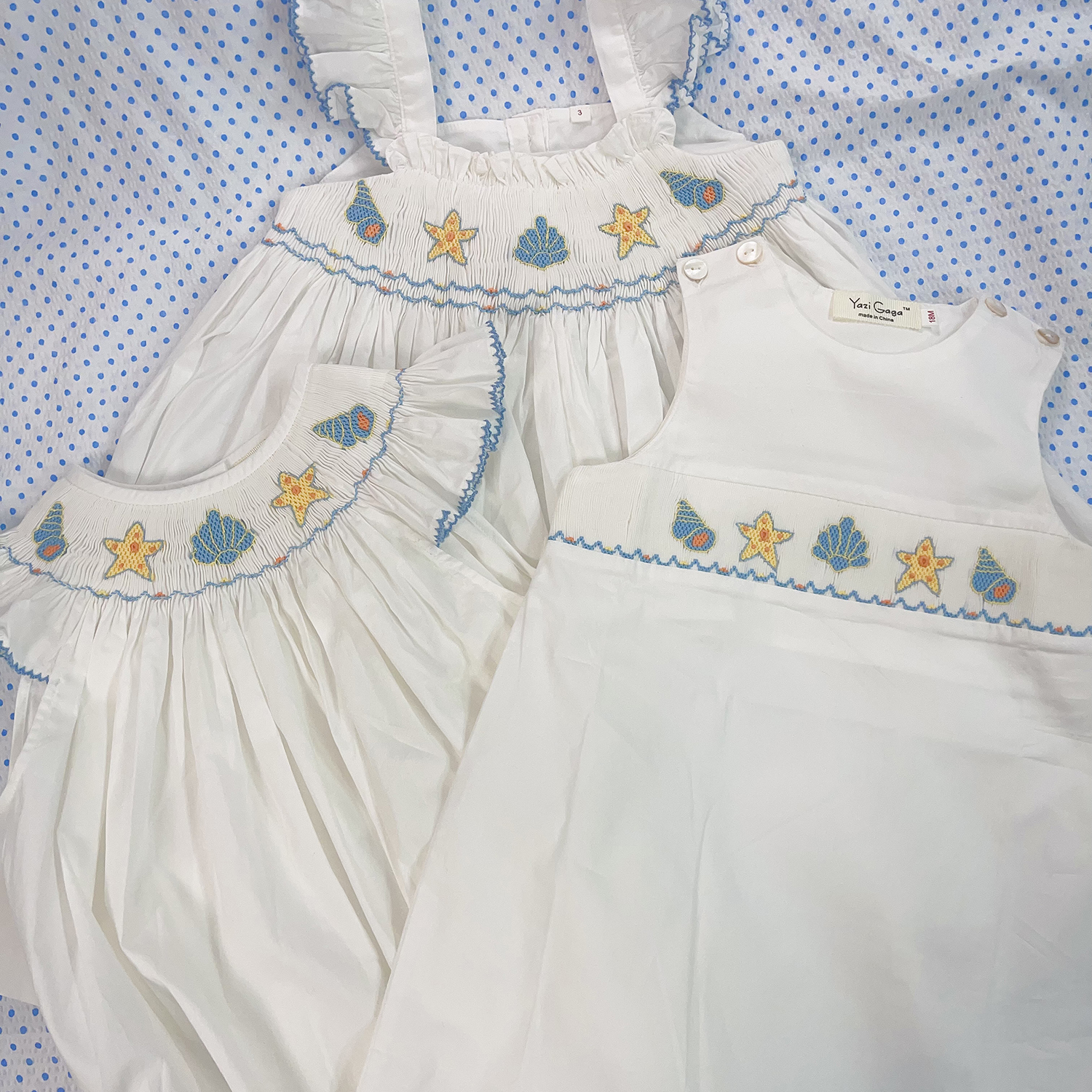 2025夏季白色纯棉海星打揽刺绣连体衣姐弟装姐妹装薄款可爱包屁衣