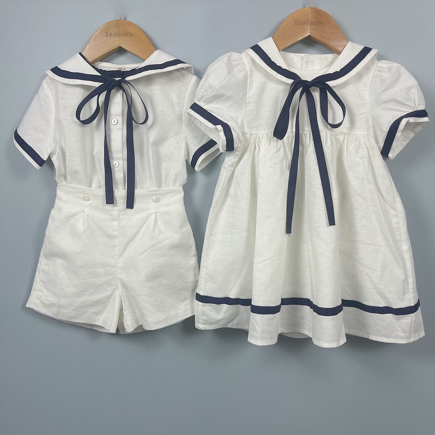 夏季海军白色棉麻姐弟装舒适透气