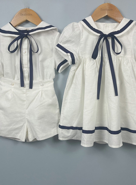 夏季海军风纯白棉麻姐弟装搭配黑色丝带舒适超透气日常外出表演服