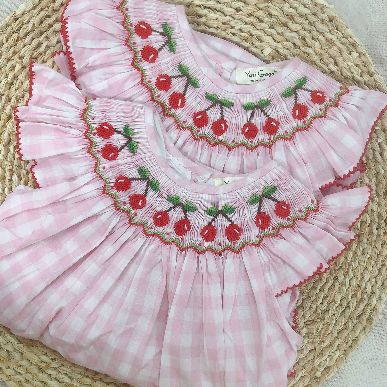 夏手工打揽樱桃刺绣包屁衣蛋糕连体衣棉可爱哈衣粉色飞袖套装薄款