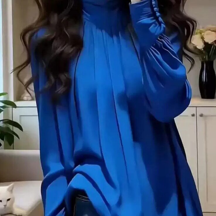 时尚轻奢风克莱因蓝立领泡泡袖衬衫女气质轻奢内搭高级感显瘦上衣
