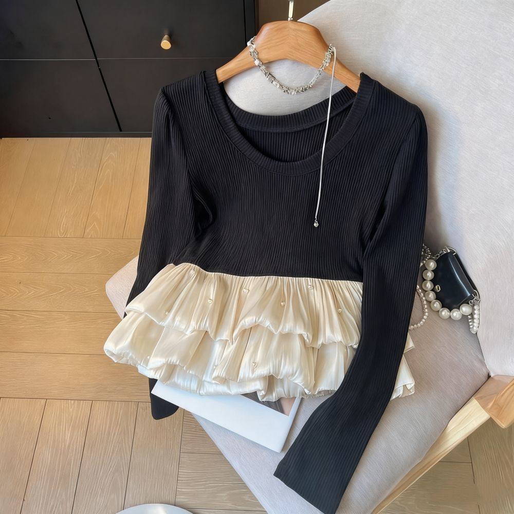 2025秋季新款韩版圆领花苞拼接轻奢长袖T恤女收腰圆领拼色上衣,女装/女士精品,大码内搭,淘宝优惠券,粉丝福利购,淘宝优惠卷