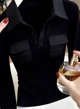 秋季通勤黑色POLO领显瘦衬衫女