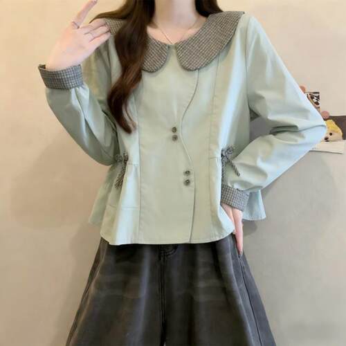 春季大码显瘦格子娃娃领衬衫