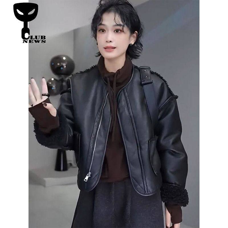 美拉德圆领加绒加厚皮衣外套女秋冬季新款显瘦洋气皮毛一体外套女,女装/女士精品,短外套,淘宝优惠券,粉丝福利购,淘宝优惠卷