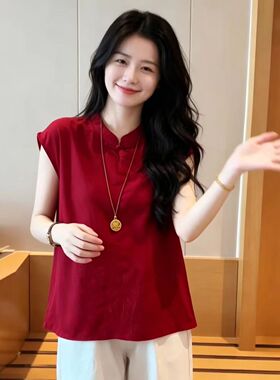 红色衬衫女夏2026新款气质宽松显瘦超好看盘扣短袖上衣新中式国风