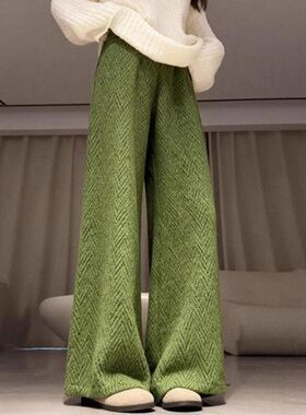 2025冬季慵懒高腰宽松阔腿裤休闲设计感绿色波浪纹加绒长裤女