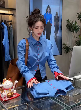 蓝色POLO领修身衬衫女早秋新款
