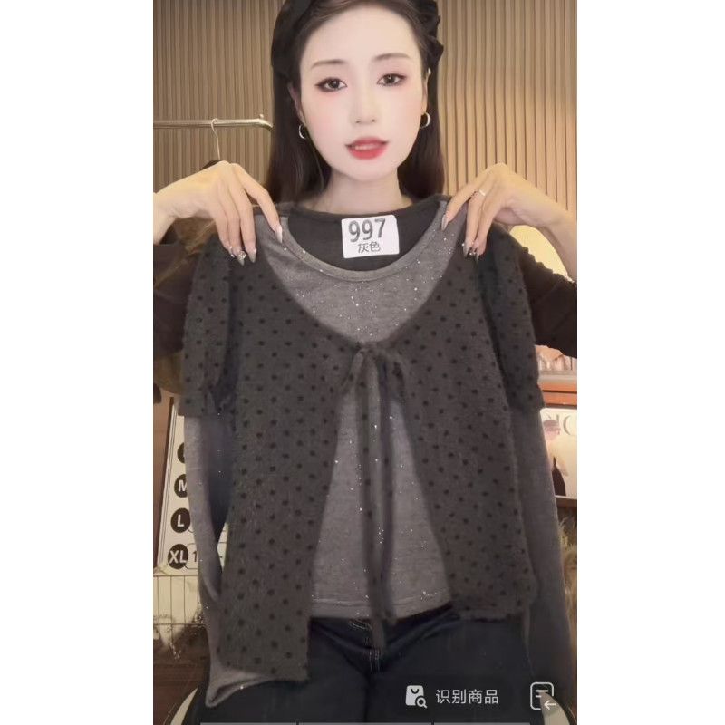 韩版时尚撞色拼接假两件长袖t恤