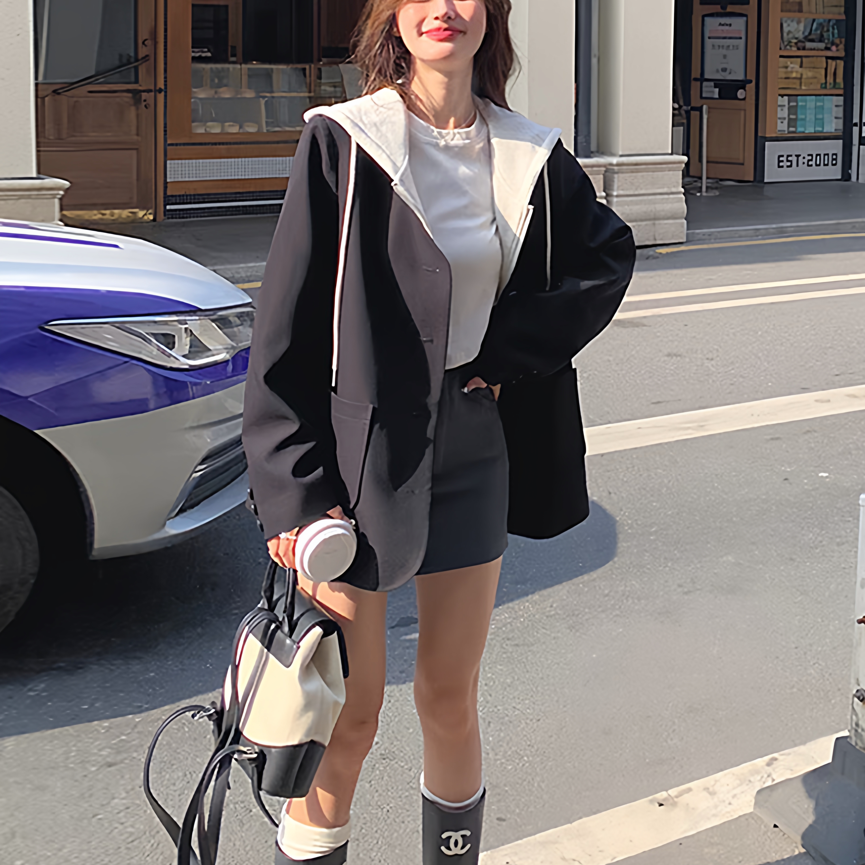 假两件连帽黑色小西装外套女春秋