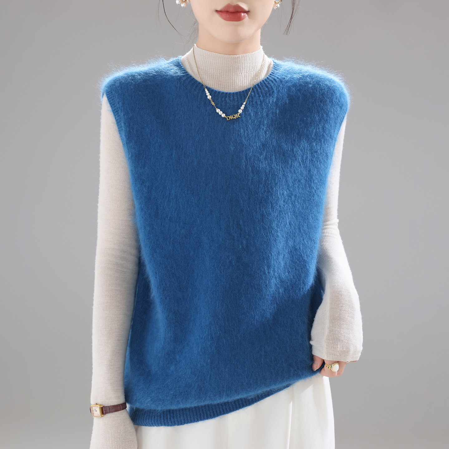 拉绒羊毛马夹女纯羊毛拉毛毛衣女无袖背心套头针织叠穿坎肩打底衫