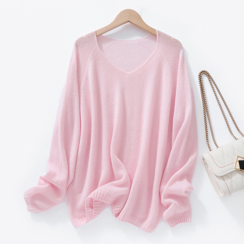 桑蚕丝山羊绒毛衣薄V领糖果纯色系针织罩衫女慵懒风软糯百搭上衣
