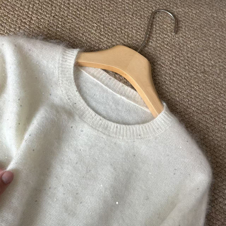 秋冬圆领加厚亮片拉绒羊毛衫女宽松时尚慵懒风拉毛毛衣针织打底衫