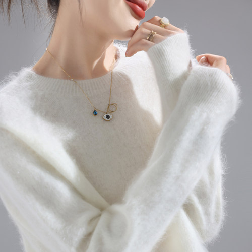 高级感拉绒纯羊毛衫女圆领套头针织拉毛毛衣宽松慵懒软糯打底衫