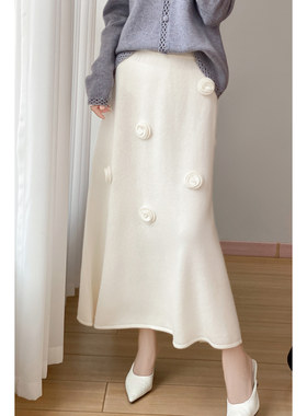 秋冬纯羊毛半身裙女高腰显瘦针织a字伞裙立体钩花中长款百搭裙