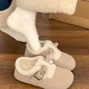 复古加绒休闲鞋女冬季新款潮流百搭时尚加厚保暖鞋包跟毛毛鞋帆布