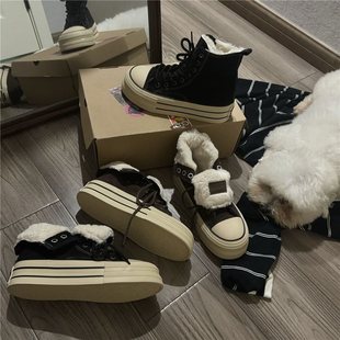 春夏加厚加绒复古两穿加绒帆布鞋女高帮棉鞋休闲百搭板鞋厚底增高