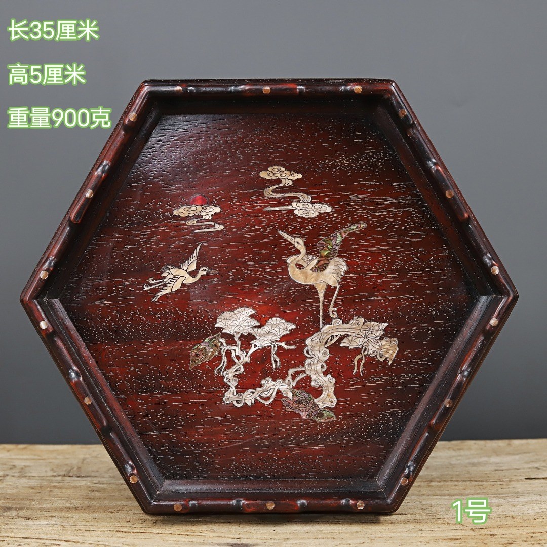 古董文玩缅甸花梨木镶嵌贝壳花鸟茶盘托盘装饰品摆件盘子复古物件