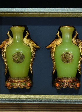 古玩旧藏珍品回流锦盒内藏珐琅彩镶夜光石孔雀花瓶一对