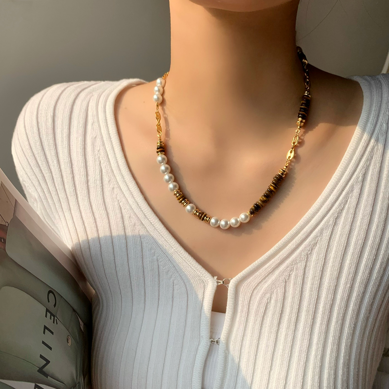 欧美个性拼接设计虎眼石珍珠项链