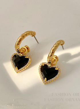 YGL镀真金S925银针黑色爱心耳钉C字气质法式赫本风耳环女复古耳饰